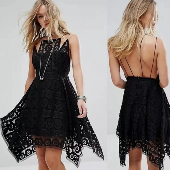 Free People Dresses & Skirts - Free People Black Boho Just Like Honey Drape Hem Lace Mini Dress size 6